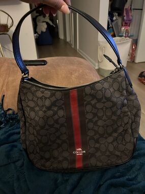 Coach Brown Signature Canvas Shoulder Bag with Red Stripe